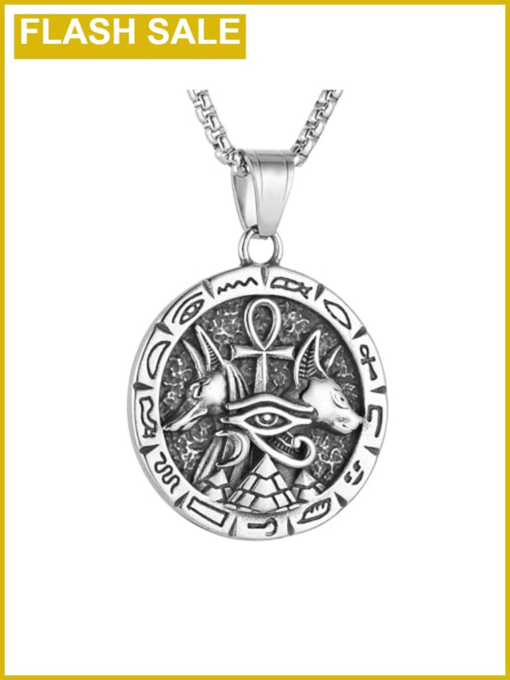 Stainless Steel Ancient Egyptian Symbols Pendant Necklace 22+2 Inch